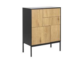 Kummut SEAFORD 80x40xH103cm, 2 sahtliga, raam: MDF, lakitud must matt, 3 ust: lamineeritud kattega mööbliplaat