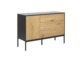 Kummut SEAFORD, 120x40xH82cm, 3 sahtliga, raam: MDF, must matt, 1 uks: lamineeritud kattega mööbliplaat, värvus: tamm