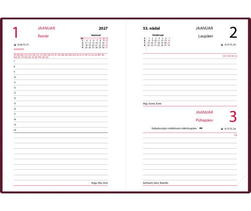 Raamatkalender Kalendermärkmik A6 PÄEV, kunstnahk (TUMEPUNANE) 00029/40082