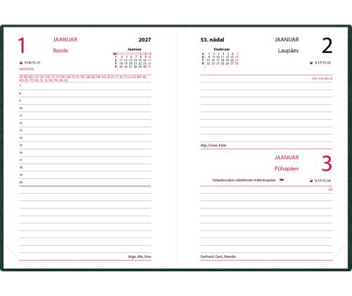 Raamatkalender Kalendermärkmik A6 PÄEV, kunstnahk (TUMEROHELINE) 00029/40083