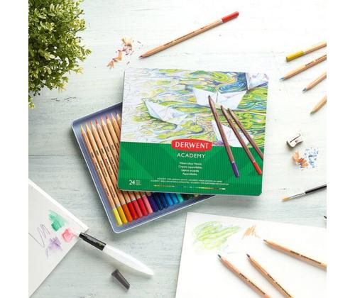 Akvarellipliiatsid DERWENT Academy 24värvi metallkarbis