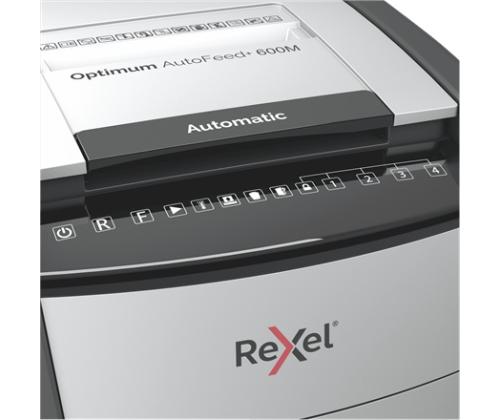 Rexel AutoFeed+ 600M Paper Shredder Micro cut shredding 2x15mm P-5 110L, 55 dB, Grey/Black