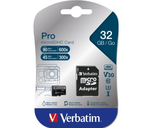 Verbatim 47041 Pro U3 Micro SDHC Memory Card 32GB + microSD to SD Adapter