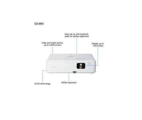 Epson CO-W01 Projector 3LCD WXGA (1280x800), 3000 ANSI lumens, White