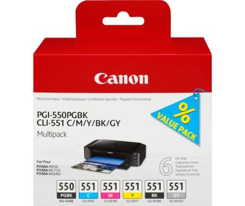 Canon PGI-550/CLI-551 (6496B005) 6 Ink Cartridge Multipack, PGBK/C/M/Y/BK/GY