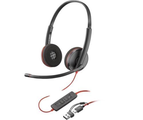 Poly Blackwire 3220 Stereo Wired Headset, USB-C, USB-C/A Adapter (Bulk), Black