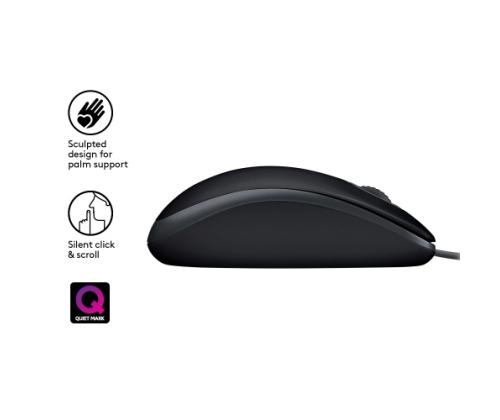 Logitech B110 Silent Wired Mouse, USB-A, 1000 DPI, Black