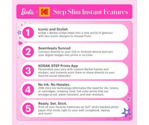 Barbie x Kodak STEP Slim Instant Mobile Photo printer Colour ZINK 2x3'' 1ppm, Bluetooth, Pink