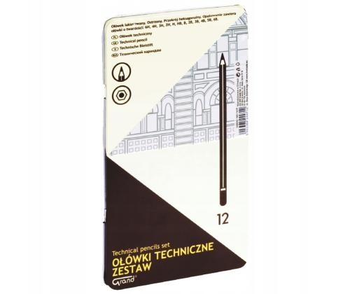 Harilike pliiatsite komplekt GRAND metallkarbis 12 erineva tugevusega