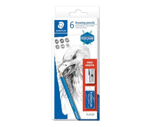 Joonistuspliiatsite komplekt STAEDTLER Mars Lumograph 6tk+teritaja+kustukumm