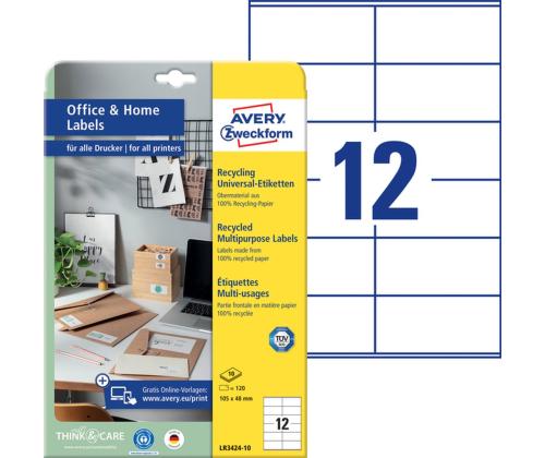 Kleebisetikett AVERY Zweckform 105x48mm 10 lehte taaskasutatud paberist (LR3424-10)
