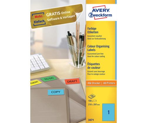 Kleebisetikett AVERY Zweckform 210x297mm 100 lehte sinine (3471)