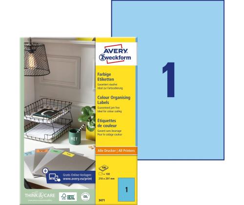 Kleebisetikett AVERY Zweckform 210x297mm 100 lehte sinine (3471)