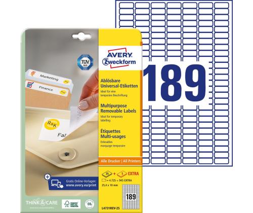 Kleebisetikett AVERY Zweckform 25,4x10mm 189 lehel 25 lehte eemaldatav (L4731-25)