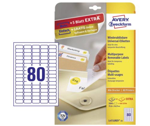 kleebisetikett AVERY ZWECKFORM 35,6x16,9mm 25 lehte eemaldatav(L4732REV-25)	