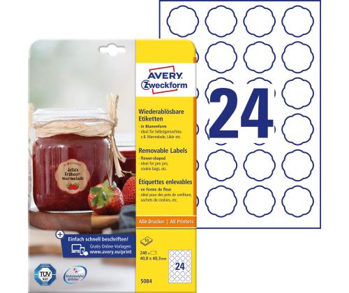 Kleebisetikett AVERY Zweckform 40,8x40,3mm 10 lehte eemaldatav lillekujuline (5084)
