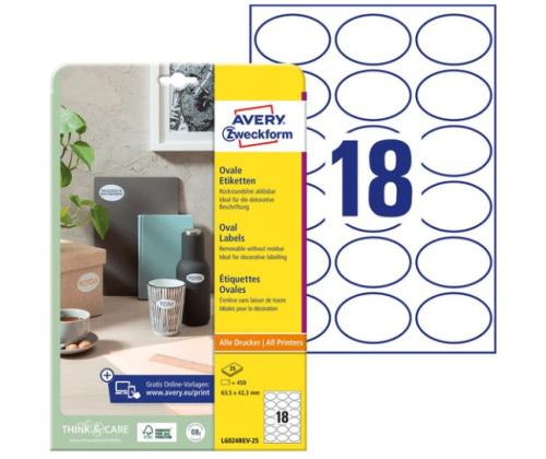 kleebisetikett AVERY ZWECKFORM 63,5x42,3mm ovaalsed 25 lehte eemaldatav (L6024REV-25)	