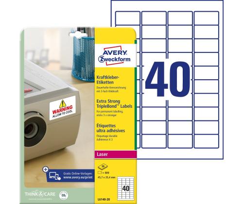 Kleebisetikett AVERY Zweckform Extra Strong 45,7x25,4mm 20 lehte (L6140-20)