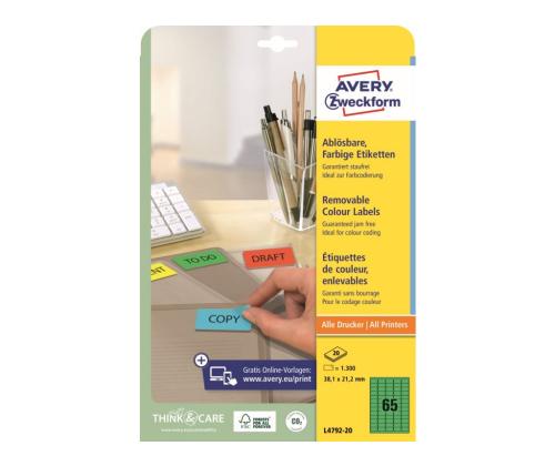 Kleebisetikett eemaldatav AVERY Zweckform 38x21,2mm 20 lehte pakis roheline L4792-20