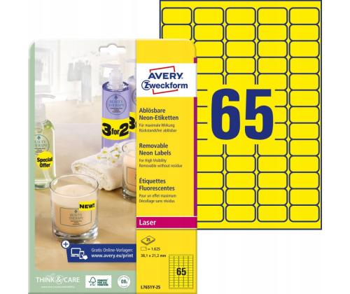Kleebisetikett eemaldatav AVERY Zweckform 38x21,2mm 25 lehte pakis neoonkollane (L7651Y-25)