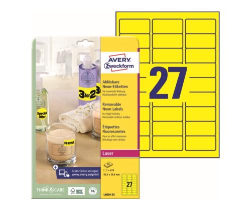 Kleebisetikett eemaldatav AVERY Zweckform 63,5x29,6mm 25 lehte pakis neoonkollane (L6004REV-25)