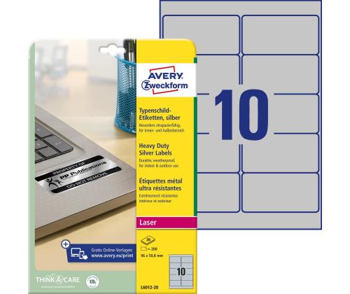Kleebisetikett hõbedasest polüesterkilest AVERY Zweckform 96x50.8mm 20 lehte pakis (L6011.90)
