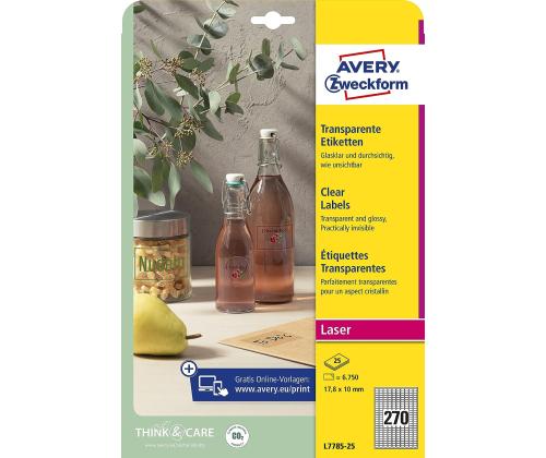 Kleebisetikett läbipaistvast polüesterkilest AVERY ZWECKFORM 17,8x10mm 25 lehte (L7785-25)
