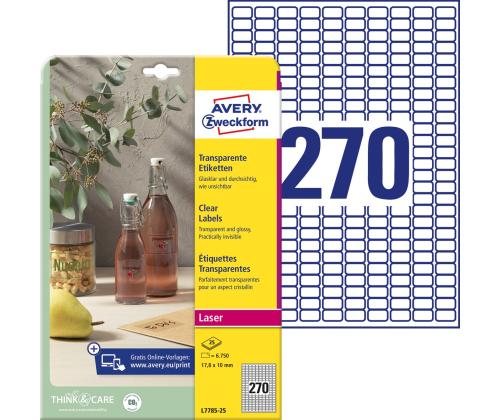 Kleebisetikett läbipaistvast polüesterkilest AVERY ZWECKFORM 17,8x10mm 25 lehte (L7785-25)