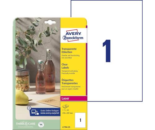 Kleebisetikett läbipaistvast polüesterkilest AVERY Zweckform 210x297mm 25 lehte (L7784-25)