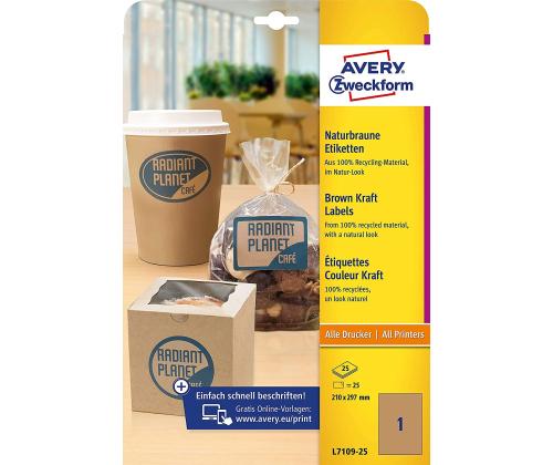 Kleebisetikett ökoloogiline AVERY Zweckform 210x297mm 25 lehte pruun (L7109-25)