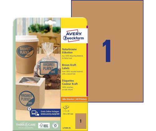 Kleebisetikett ökoloogiline AVERY Zweckform 210x297mm 25 lehte pruun (L7109-25)