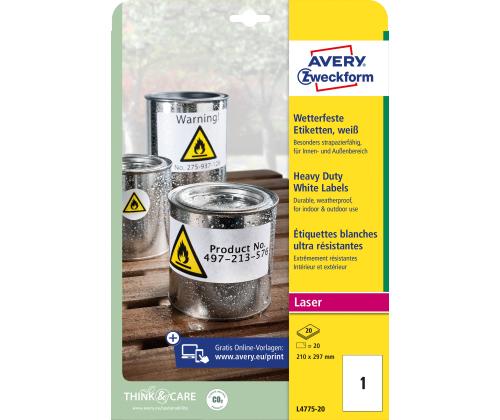 Kleebisetikett polüesterkilest ilmastikukindel AVERY Zweckform 210x297mm 20 lehte pakis (L4775-20)
