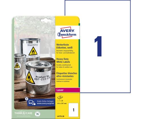 Kleebisetikett polüesterkilest ilmastikukindel AVERY Zweckform 210x297mm 20 lehte pakis (L4775-20)