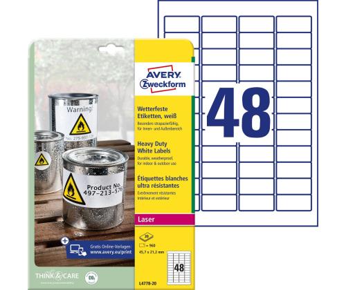 Kleebisetikett polüesterkilest ilmastikukindel AVERY Zweckform 45,7x21,2mm 20 lehte pakis (L4778-20)