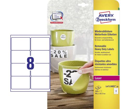 Kleebisetikett polüesterkilest ilmastikukindel AVERY Zweckform 99,1x67,7mm 20 lehte pakis eemaldatav (L4715REV-20)