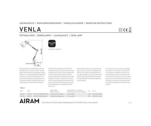 Laualamp VENLA kruviga laua külge kinnituv must 40W