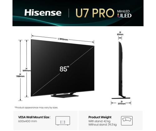 TV Set HISENSE 85 " 4K Ultra HD 3840 x 2160 pixels Flat 16:9 ULED 85U7QPRO