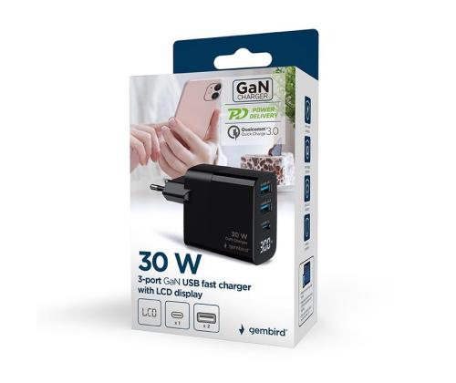 CHARGER USB 30W 3PORT/TA-UC-PDQC30LCD-BK-02 GEMBIRD