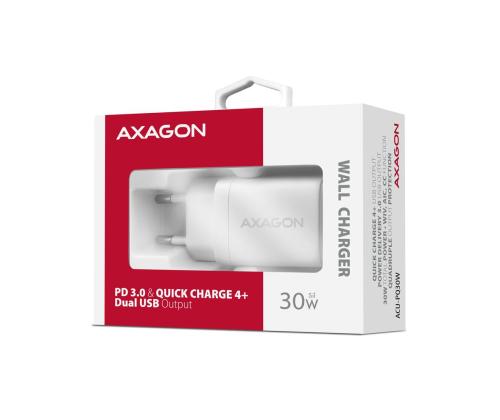 MOBILE CHARGER WALL USB 30W/2PORT WHITE ACU-PQ30W AXAGON