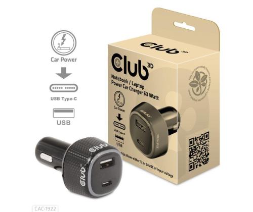 NB CHARGER CAR USB+USB-C/63W CAC-1922 CLUB3D