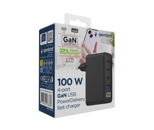 CHARGER USB 100W 4PORT GAN/TA-UC-PDQC100LCD-01-BK GEMBIRD