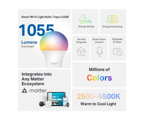 Smart Light Bulb TP-LINK Power consumption 8.6 Watts Luminous flux 1055 Lumen 6500 K 240V Beam...