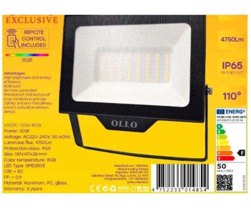 Lamp OLLO Power consumption 50 Watts Luminous flux 4750 Lumen AC220-240V Beam angle 110 degrees...