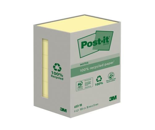 Märkmepaber 38x51mm POST-IT Recycled 653RY kollased 6x100 lehte