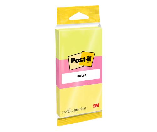 Märkmepaber POST-IT Notes, Assorted Neon Colours, 38 mm x 51 mm, 100 lehtepakis, 3 PadsPack