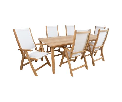 Söögilauakomplekt MALDIVE laud 220x100xH75cm, 6 kokkupandavat tooli 60x70xH110cm, tiikpuit