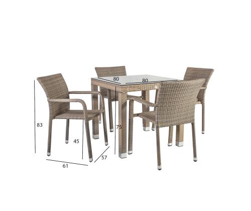 Aiamööbli komplekt LARACHE laud ja 4 tooli (2102) lauaplaat: läbipaistev klaas, alumiiniumraam plastikpunutisega