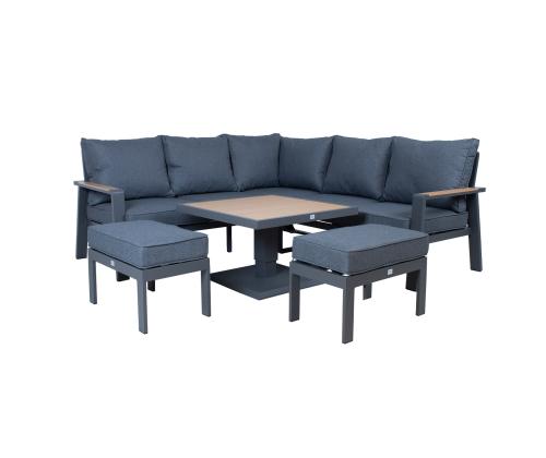 Aiamööblikomplekt PARKER laud, nurgadiivan ja 2 tumbat, hall