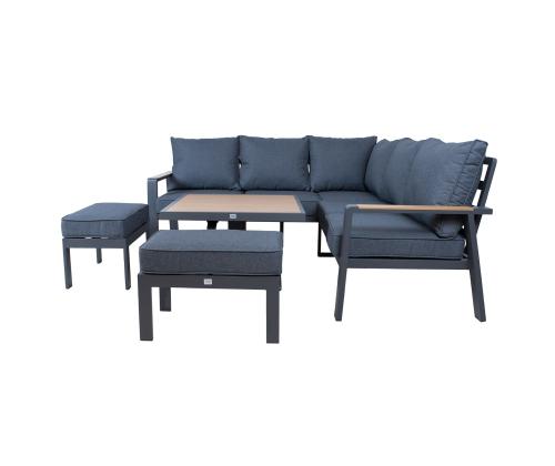 Aiamööblikomplekt PARKER laud, nurgadiivan ja 2 tumbat, hall