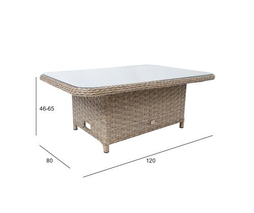 Laud PACIFIC 120x80xH46/65cm, hallikasbeeþ, klaas, plastikpunutis, alumiinium